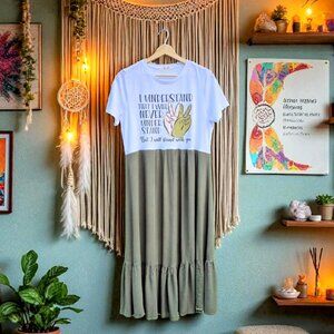 Chic Olive Green Midi Dress with Graphic Tee Overlay